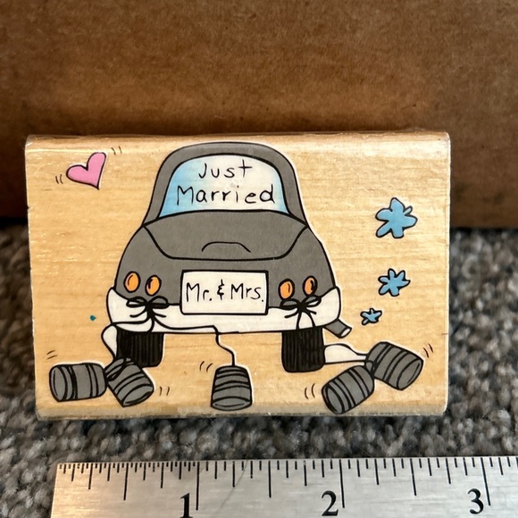 JUST MARRIED MR MRS CAR CANS VINTAGE RUBBER STAMP WESTWATER ENT.CREAKYATTIC - Picture 1 of 8